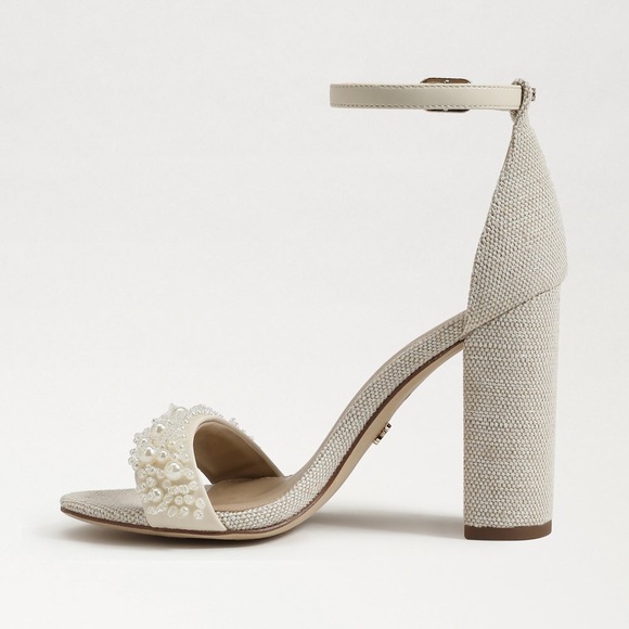 NEW Sam Edelman Sz 8Yaro Perla Open Toe Silk Tweed 4” Dazzling Heels Tan - Picture 4 of 13